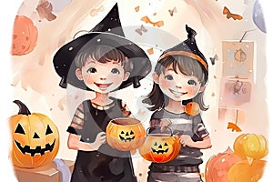 Two smiling little kids in Halloween costumes holding pumpkin buckets for candies, watercolor illustration