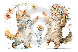 Two smiling Mainecoon kittens dancing in a spring flower garden.