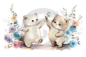 Two smiling ragdoll kittens dancing in a spring flower garden.