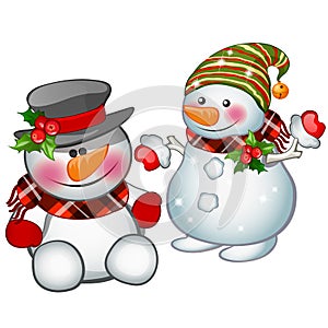 Two smiling snowman wearing a striped cap and tophat. Sketch for greeting card, festive poster or party invitations.The