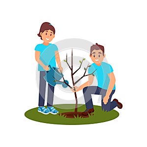 Two smiling volunteers planting tree. Man holding seedling, woman watering. People working in garden. Flat vector design