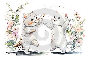 Two smiling white kittens dancing in a spring flower garden.