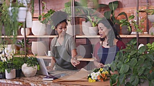 Two smiling women working at florist shop