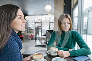 Two smiling young women in coffee shop with coffee art and macaroons in plates, girls talking, winter season wearing warm sweaters