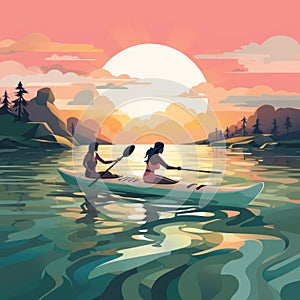 Two smiling young women kayaking down a river. Kayaking on lake together or peaceful river. Summer watersport. Gadget-free