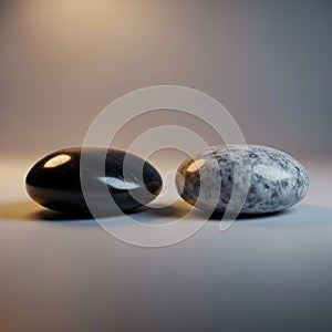 On a neutral background. The stone on the left is black, with a