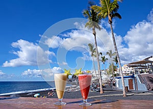 Two smoothies on the table at the beach bar, Puerto Naos, Island La Palma, Canary Islands, Spain, Europe