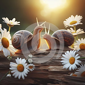 Two snails encounter each other on a log with daisies camomile on summer morning background. ai generative