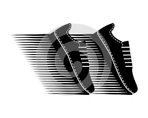 Two sneakers on abstract shelf. A pair of sports shoes for running. Black and white silhouette. Vector illustration, icon, logo.