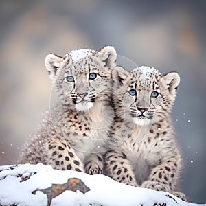 Two snow leopard cubs (Panthera pardus) sitting on snow