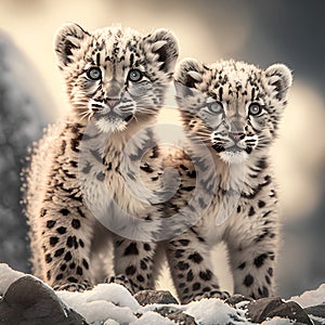 Two snow leopard cubs standing in the snow looking at the camera