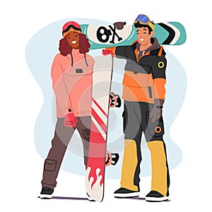 Two Snowboarders Strike Dynamic Poses, Their Vibrant Gear Popping Against A Clean White Backdrop, Vector Illustration