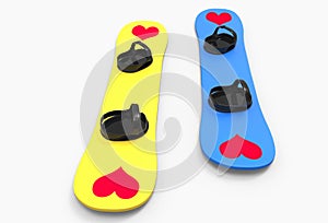 Two snowboards with hearts