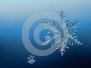 Two snowflakes on smooth gradient background. Macro photo of real snow crystal on glass surface. This is small snowflake