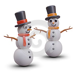 Two snowmen in cartoon style. Positive winter characters in top hats and scarves
