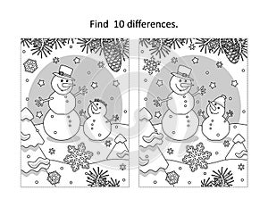 Two snowmen find the differences picture puzzle and coloring page