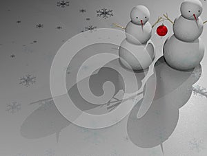 Two snowmen with a red Christmas ball 3D rendering