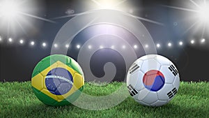 Two soccer balls in flags colors on stadium blurred background. Brazil vs South Korea.