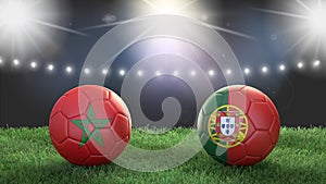 Two soccer balls in flags colors on stadium blurred background. Morocco vs Portugal