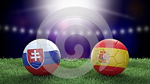 Two soccer balls in flags colors on stadium blurred background. Slovakia and Spain.