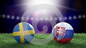 Two soccer balls in flags colors on stadium blurred background. Sweden and Slovakia.
