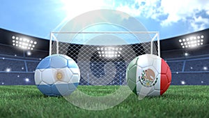 Two soccer balls in flags colors on stadium bright blurred background. Argentina and Mexico.