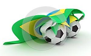 Two soccer balls hold Brazil flag