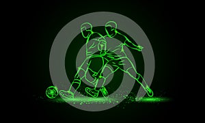 Two soccer players fighting for a ball. Green neon silhouette of a striker and defender on black background. photo