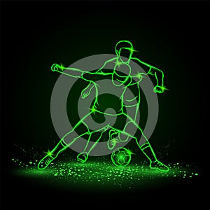 Two soccer players fighting for a ball. Green neon silhouette of a striker and football defender who blocks the ball photo
