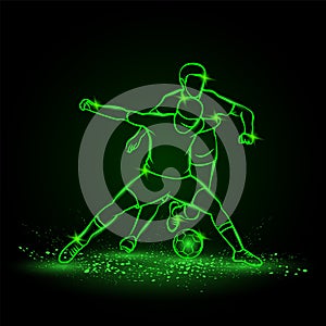 Two soccer players fighting for a ball. Green neon silhouette of a striker and football defender who blocks the ball