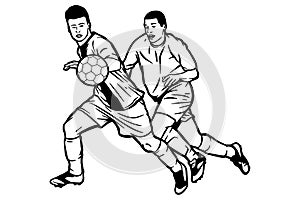 Two soccer players fighting for the ball - Out line