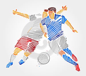 Two soccer players fighting over the ball