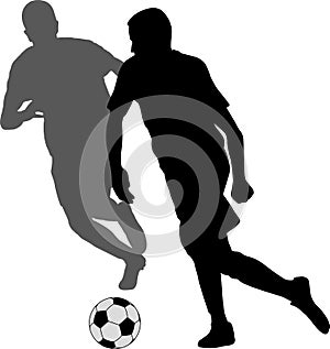 Two soccer players kicking football in duel silhouette