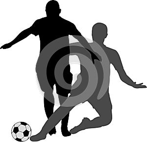 Two soccer players kicking football in duel silhouette