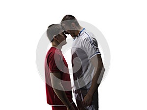 Two soccer players is swearing and shout isolated on white