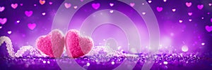 Two Soft Pink Hearts With Lace On Purple Glitter Background