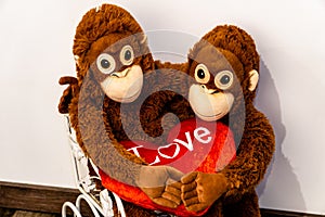 Two soft toy monkeys sit arm in arm in a small car, holding a fabric heart in their hands close up