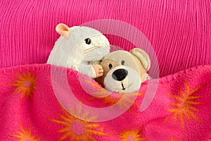 Two soft toys cuddling in bed
