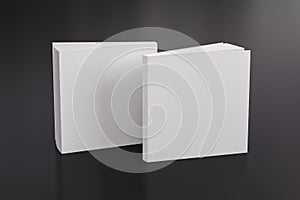 Two softcover or paperback square white mockup books standing on the black background. Blank front and back cover