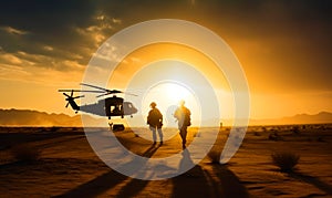 Two soldiers heading to the helicopter. Military men in the desert at backdrop. Generative AI