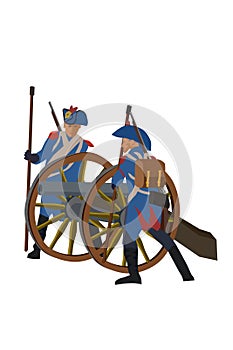 Two soldiers from historical wars in Europe or America shooting a cannon hand drawn illustration