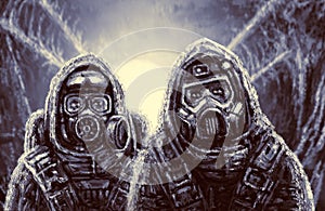 Two soldiers in protective suits.