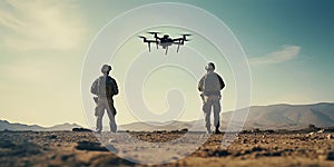 Two soldiers stand on the ground and looking at a drone in midair above them, view from behind in a desert landscape