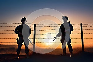 Two soldiers standing guard at a barbed wire fence at sunset, keeping watch over the perimeter