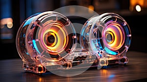 Two sound speakers in neon light. Futuristic design