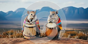 Two South African hamsters are sitting on a rock playing drums. Generative AI image.