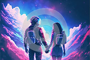 Two space explorers clasping hands with the Milky Way as their backdrop. Fantasy concept , Illustration painting. Generative AI