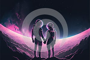 Two space explorers clasping hands with the Milky Way as their backdrop. Fantasy concept , Illustration painting. Generative AI