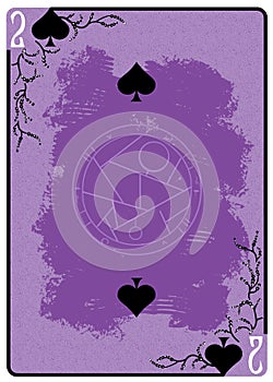 Two of Spades playing card. Unique hand drawn pocker card. One of 52 cards in french card deck, English or Anglo-American pattern