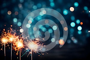 two sparklers with colorful bokeh lights in the background